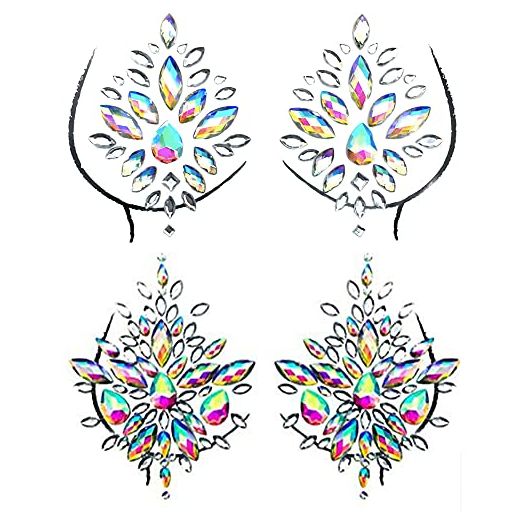 Mermaid Breast Gems Stick on, Rainbow Crystals Body Jewes Gliiter for Music Festival Rave EDM (2 Pack)