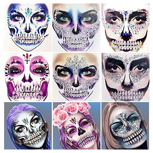 Skull Face Gems Jewels, Rhinestone Face Jewels Tattoo Stickers, Crystals Body Gems Stick on Face for Festival