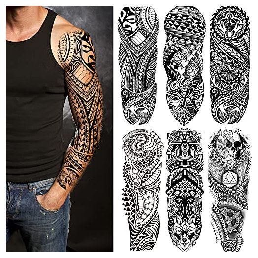 Fake Totem Sleeve Tattoos Stickers, 6-Sheet Full Arm Tribal Totem Temporary Tattoos Sleeves for Adult Kids Women Makeup