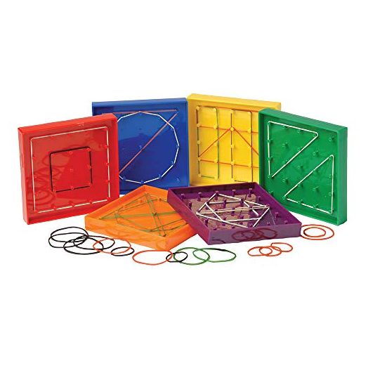Constructive Playthings Set of Six 5" sq. Geoboards Each with a Package of 20 Rubber Bands for Creative Design for Ages 3 Years and Up