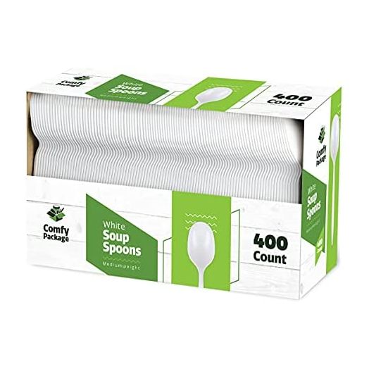 400 Light-Weight White Disposable Plastic Soup Spoons