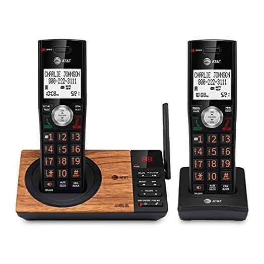 AT&T CL82267 DECT 6.0 2-Handset Cordless Phone for Home with Answering Machine, Call Blocking, Caller ID Announcer, Intercom and Long Range, Black & Wood Grain Finish