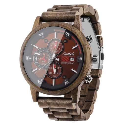 Men's Wooden Watch, Stylish Date Display Chronograph Military Quartz Wrist Watch, 3 Sub-dials Handmade Casual Light Luminous Watch
