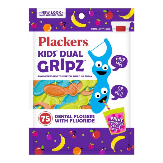 Plackers Kids Dual Gripz Flossers with Fluoride, Grip Me Handle, Made without BPA, Fruit Smoothie Swirl Flavor, Ages 4+, 75 Count