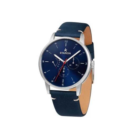STARION Watches - Eclipse Watch for Men - Japanese Multifunction Movements - Classy Water Resistant Watch - 42mm Case - Steel Case, Blue Leather Strap, Blue Dial