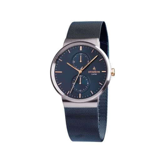 STARION Watches - Slate Watch for Men - Japanese Multifunction Movements - Analog Quartz - Water Resistant Watch - 40mm Case - Steel Case, Adjustable Blue Plated Steel Mesh Band, Blue Dial