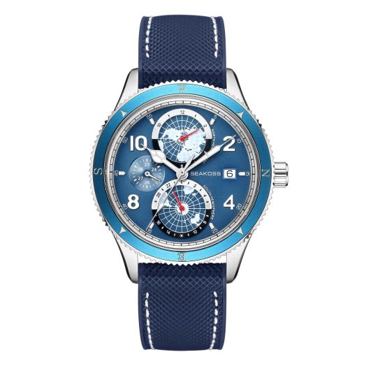 SEAKOSS Men's Earth Automatic Mechanical Watch Calendar Month Year Display Super C3 Luminous Sapphire Dial North South Hemisphere 100m Diving Wrist Watches, 1225