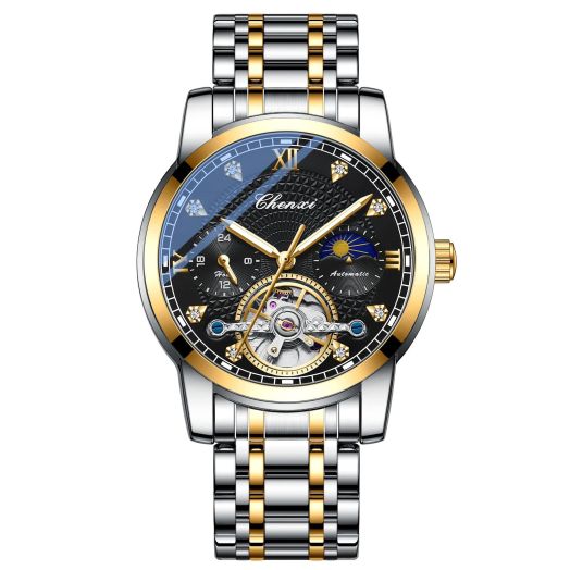 Swiss Watch Men's Complex Function Analog Automatic Mechanical Watch Stainless Steel Luminous Watch (Steel Band-Rose Gold Brown)