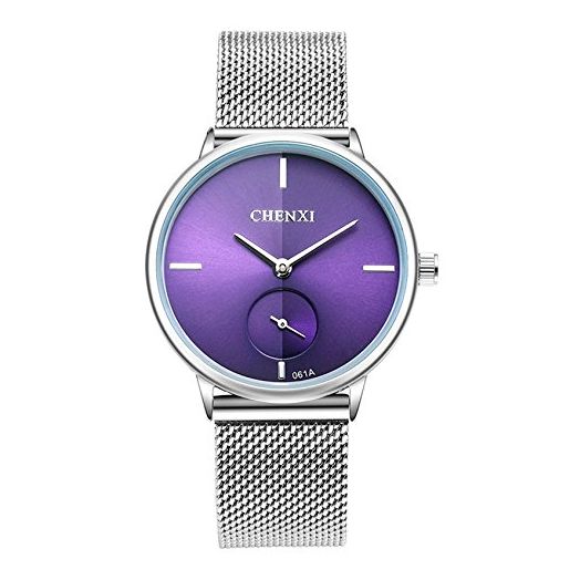 MASTOP Women's Silver Stainless Steel Simple Ultrathin Wrist Watch Mesh Strap Analog Display Quartz Watch (Purple)