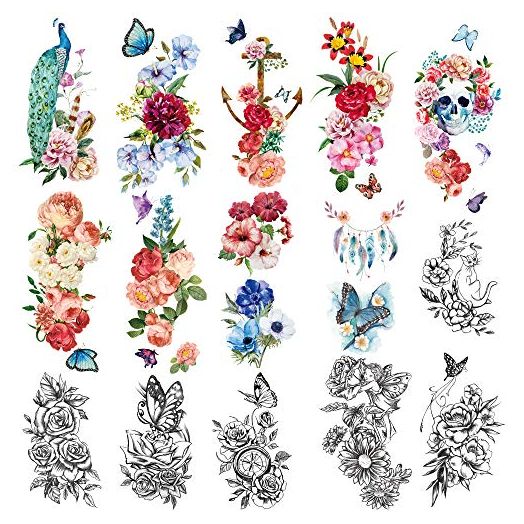 Yazhiji 15 sheets large Sexy waterproof Temporary Tattoos for Men Women Flowers Collection (19X9 CM)