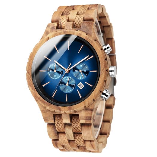 Kowellsen Mens Wooden Watches Personalized Nature Handmade Olive Wood Quartz Blue Dial Casual Wristwatch Wood for Men Gift
