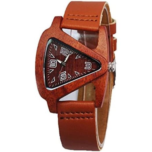 Wood Watches Triangle Red Wooden Watches with Real Leather Band Quartz Wrist Watch Bracelet for Women Men Gifts