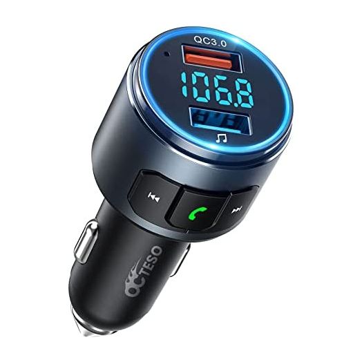 Octeso Upgraded V5.0 Bluetooth FM Transmitter for Car, QC3.0 & LED Backlit Wireless Bluetooth FM Radio Adapter Music Player/Car Kit with Hands-Free Calls, Siri Google Assistant
