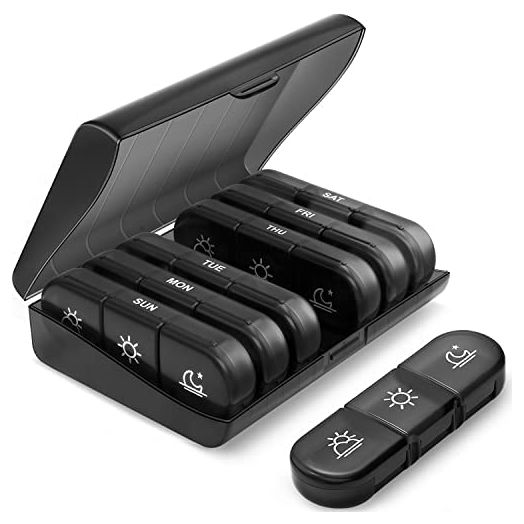 Weekly Pill Organizer 3 Times a Day, PULIV Portable Travel Pill Box 7 Day with Large Pill Containers, Light-Proof Pill Case for Vitamins, Medication, Supplements and Fish Oils (Black)