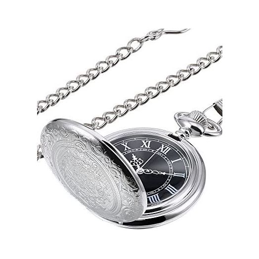 Hicarer Quartz Pocket Watch for Men with Black Dial and Chain