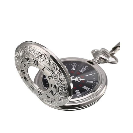Hicarer Vintage Pocket Watch Steel Men Watch with Chain (Silver)