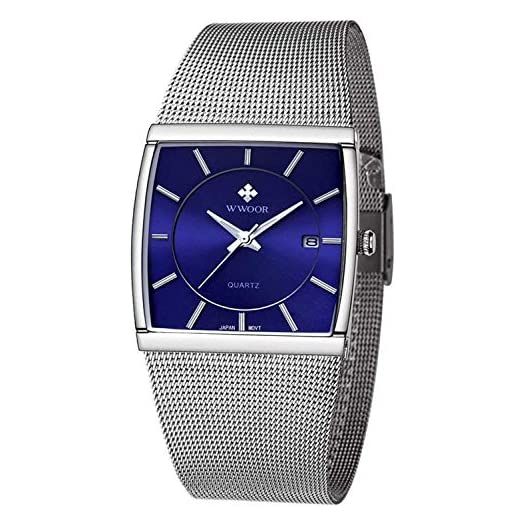 Men Watch Classic Analog Quartz Date Stainless Steel Milanese Mesh Band Ultra-Thin Rectangle Dial Luminous