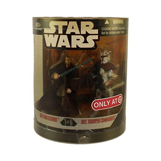 Star Wars Year 2007 Exclusive Order 66 Canister Series 2 (#1 of 6) 2 Pack 4 Inch Tall Action Figure : OBI-WAN KENOBI with Blue Lightsaber and ARC TROOPER COMMANDER with Blaster Rifle