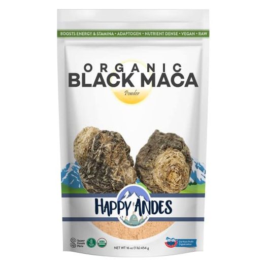 Happy Andes Organic Black Pure & Raw Maca Root Powder Non-GMO, USDA for Energy & Fitness, Performance & Mood for Men & Women, Gluten Free, Peruvian Superfood, Blue