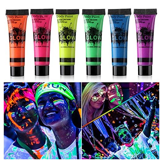 GARYOB Glow in Dark Face Body Paint UV Blacklight Neon Fluorescent 0.34oz Set of 6 Tubes