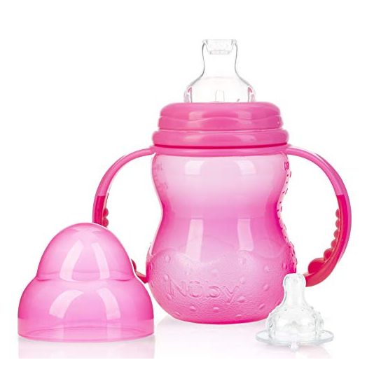 Nuby 3-Stage Wide Neck No Spill Bottle with Handles and Non-Drip Juice Spout, 3 Months, 8 Ounce, Pink
