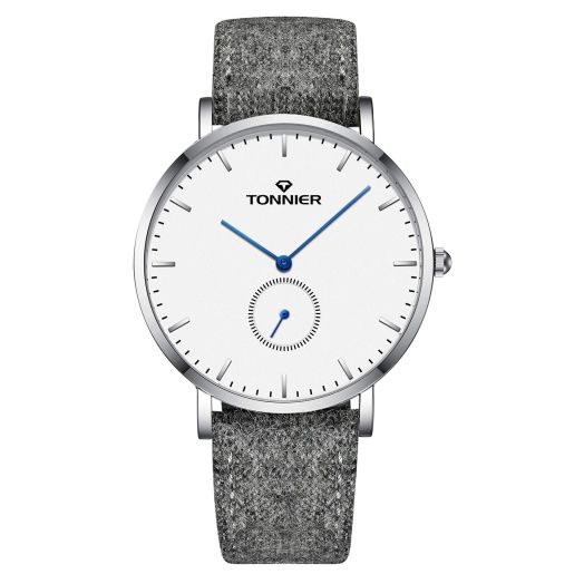 Tonnier Ultra-Thin Men Watch Gray Woollen and Cowhide Strap with Independent Second Hand Dial Mans Quartz Watches White Watchface Blue Watch Hands