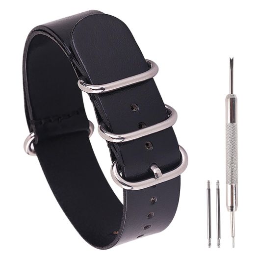 uEmoh One-Piece Nato Style Leather Watch Bands Genuine Watch Straps for Men Women- 14mm 16mm 18mm 20mm 22mm 24mm Top Grain Cowhide Leather Watch Strap (22mm, Black/Sliver Buckle)