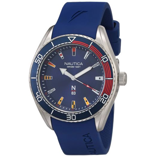 Nautica N83 Gents NAPFWS001 Finn World, Silver-Tone Case, Blue Dial, Blue Silicone Strap