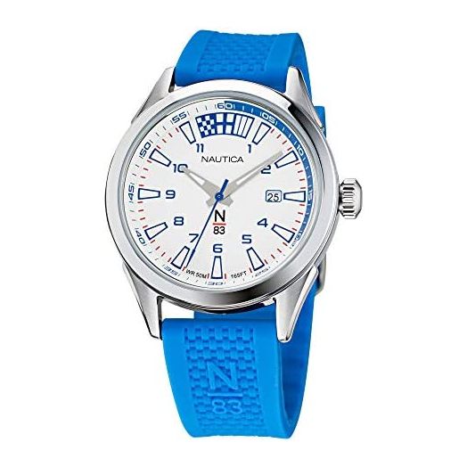 Nautica N83 Men's NAPHBS120 Hannay Bay Silver-Tone/White/Light Blue Silicone Strap Watch