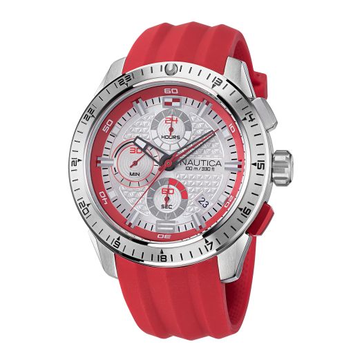 Nautica Men's NAPNSF111 NST 101 Grey/Silver Tone/Red Silicone Strap Watch