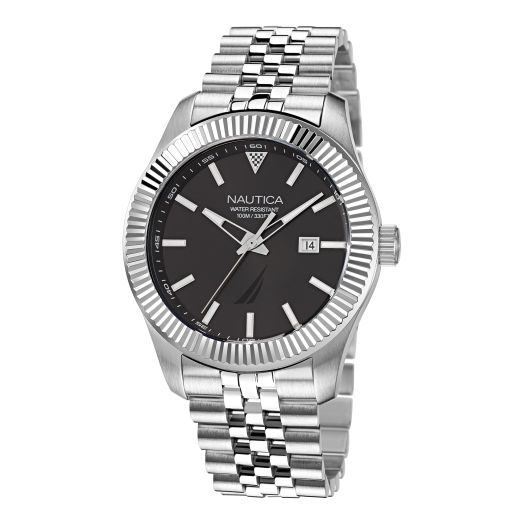 Nautica Men's Pacific Beach Watch with Date, Black Silver Metal