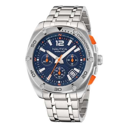 Nautica Men's Tin Can Bay Chrono Stainless Steel Bracelet and Blue Silicone Strap Watch (Model: NAPTCF212)