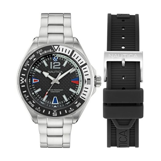Nautica Men's NAPCWF303 Clearwater Beach Recycled Stainless Steel Bracelet & Black Silicone Strap Watch
