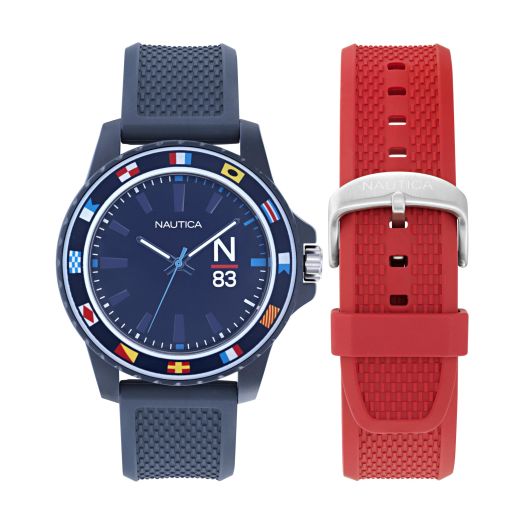 Nautica Men's NAPFWF307 Finn World Blue Wheat PU Fiber Strap & Red Wheat PU Fiber Strap Watch