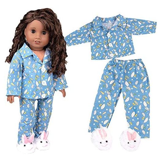 Dress Along Dolly Bunny Pajamas Doll Outfit for 18" Dolls (3 Piece Set) - Premium Handmade Clothes Include Rabbit Shirt, Pants, & Bunny Slippers - Premium PJs Apparel for Doll