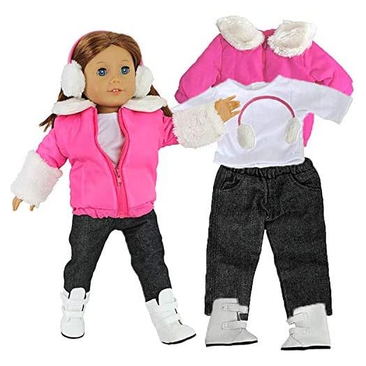 Winter Snow Doll Outfit for 18" Dolls - 5 Piece Clothes Costume Set Includes Jacket, Shirt, Jeans, Boots, & Earmuffs