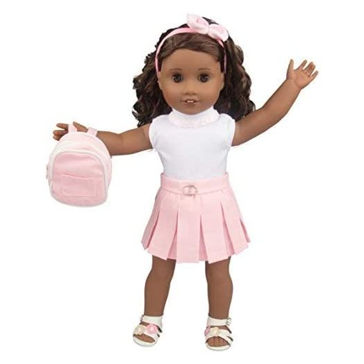 Casual School Doll Outfit for American 18" Girl Dolls (5 Piece Set) - Costume Clothes Include Shirt, Skirt, Shoes, Backpack, & Hairband