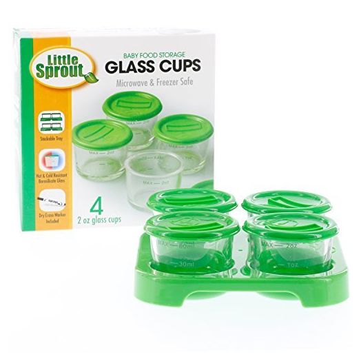 Glass Baby Food Storage Containers w Write What You Want Lids (4 Pk)- 2oz Jars with Storage Tray & Dry-Erase Marker- Microwave, Freezer, & Dishwasher Safe- For Homemade Babyfood, Breast Milk- BPA Free