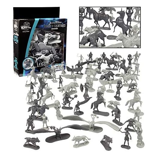 Fantasy Creatures Mini Action Figure Playset - 56pc Toy Monster Miniatures w 12 Difft Sculpts - Large Direwolfs, Cyclops, Winged Dragon Phoenixes & More - 1/32nd Scale Dungeon Paintable Accessories