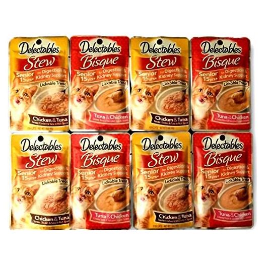 Delectables Lickable Treats Senior 15yrs+ Variety Bundle for Cats. Two Flavors, 4 Pouches of Each Flavor. 8 Total 1.4 oz Pouches.