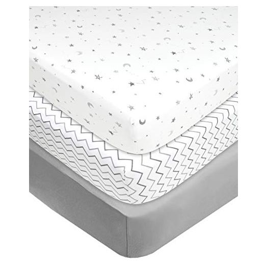 American Baby Company 100% Natural Cotton Value Jersey Knit Fitted Portable/Mini-Crib Sheet, Grey Star/Zigzag, 24" x 38" x 5", Soft Breathable, for Boys and Girls, Pack of 3