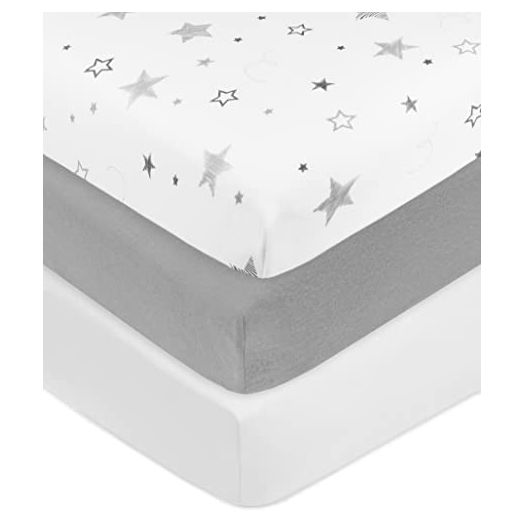 American Baby Company 3 Pack Printed 100% Cotton Jersey Knit Fitted Crib Sheet for Standard Crib and Toddler Mattresses, Super Stars/Gray/White, for Boys and Girls