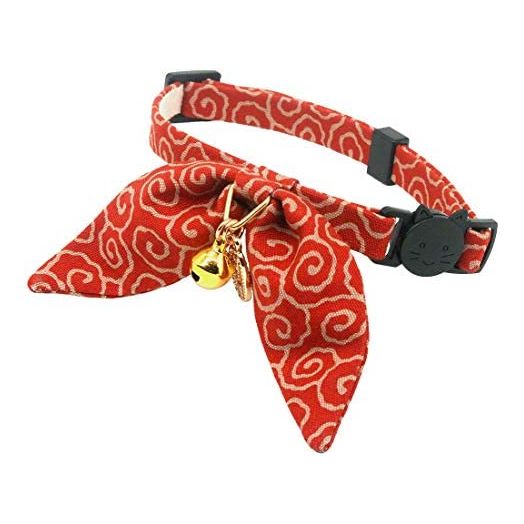 PetSoKoo Cute Bunny Ears Bowtie Cat Collar with Bell, Ancient Arabesque Print, Japan Lucky ’’ Charm. Safety Breakaway, Soft, for Girl Boy Male Female Cats,Red