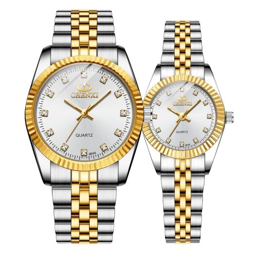 MASTOP Swiss Brand Two Tone Watch Men Women Gold Silver Stainless Steel Waterproof Couple Watches (White)