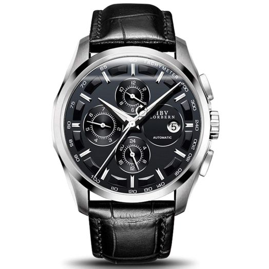 MASTOP Swiss Brands Men's Automatic Self-Wind Watch Stainless Steel and with Brown Genuine Leather Band (Silver Black)