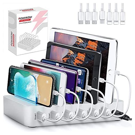 Poweroni USB Charging Station Dock - 6-Port - Fast Charge Docking Station for Multiple Devices - Multi Device Charger Organizer - Compatible with Apple iPad iPhone and Android Cell Phone and Tablet