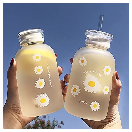 480ml Milk Juice Cute Water Bottle with Scale 2 Lids Little daisy Matte Portable Transparent Water Cup Glass Bottles Creative Handy Cup (Six Flowers)