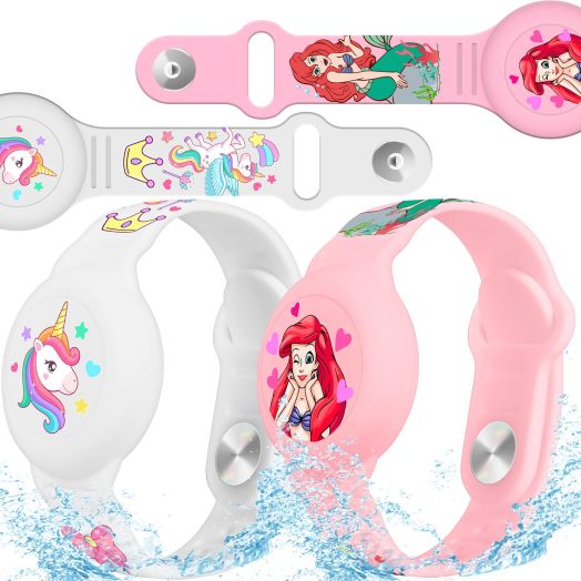 2 Pack AirTag Bracelet for Kids - Unicorns & Princesses, Waterproof Air tag Holder for Kids with Soft Silicone Full Coverage Anti-Lost Hidden Airtag Wristband Accessories for Child