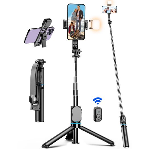 42" Selfie Stick Tripod with Fill Light Extendable Phone Tripod Stand All-in-1 Selfie Stick Travel Tripod with Detachable Remote & Phone Holder Cell Phone Tripod Compatible with iPhone/Android