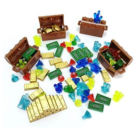 Treasure Accessories Jewel Chest, Gems Diamonds, Bullion Gold Bar, Crystals, 100 Dollar Bill Cash Toy Pirate Building Blocks Set for Kids 5 6 7 8 Years Old